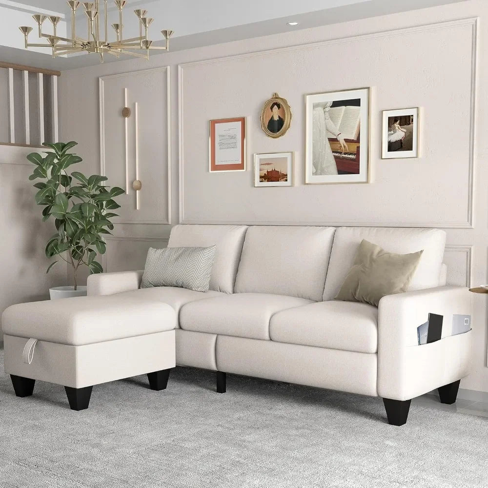 Convertible sofa, modern 3-seater with storage footstool