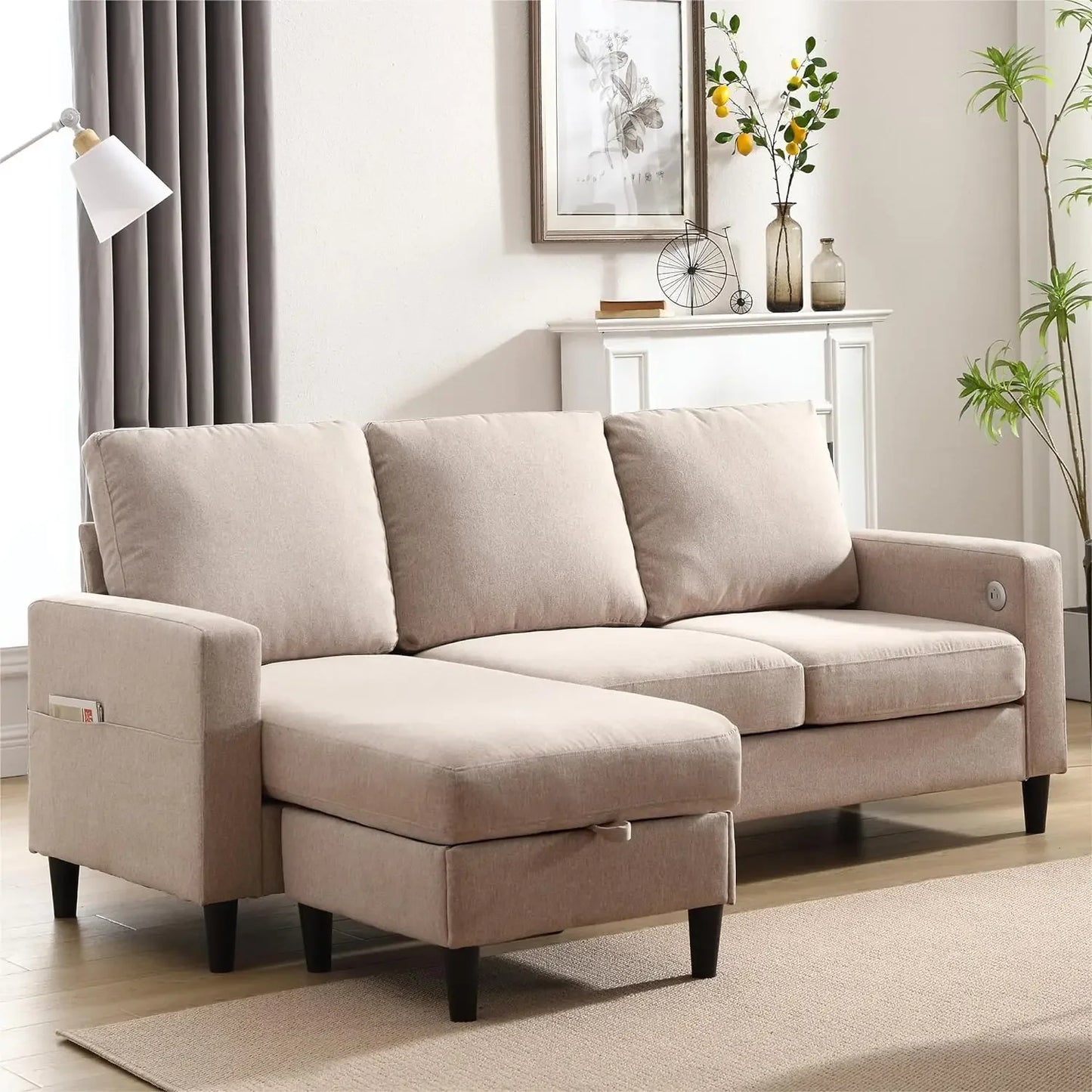 3-Seat Sofa with Storage Chaise & 2 Cup Holders