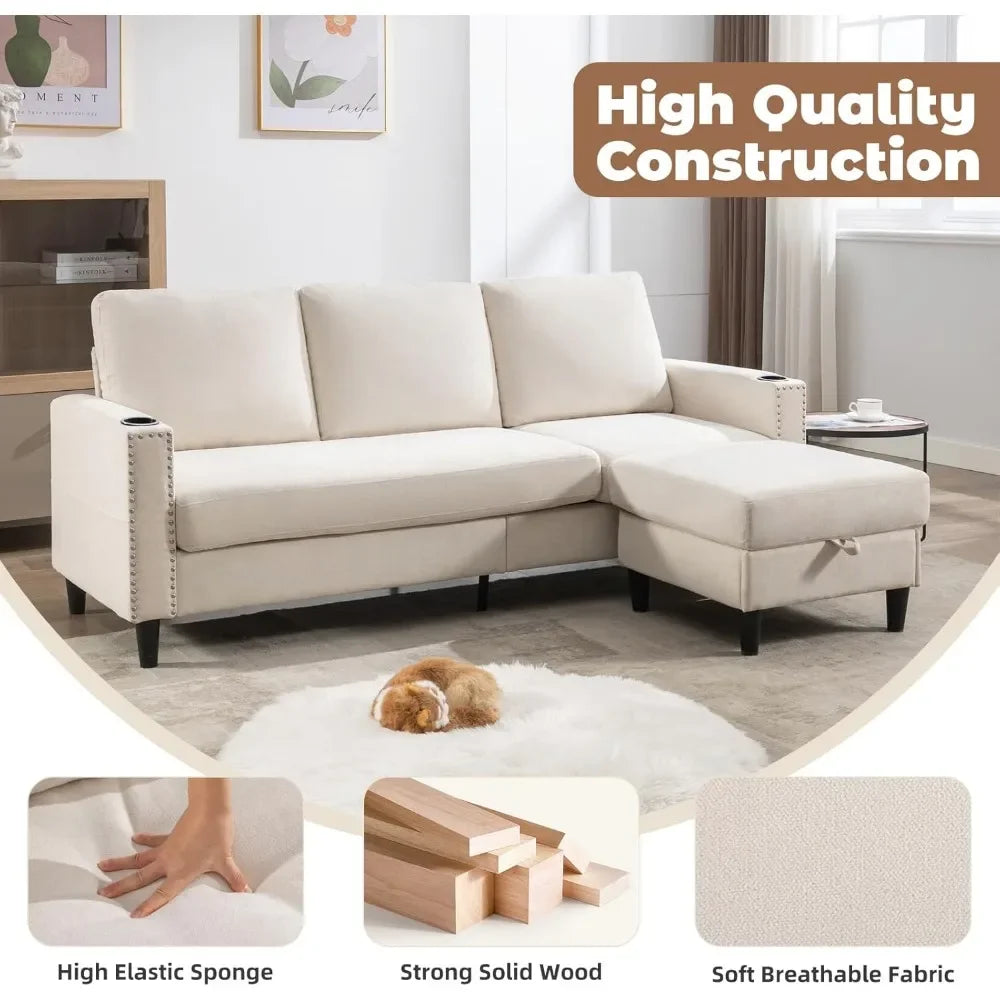 3-Seat Sofa with Storage Chaise & 2 Cup Holders