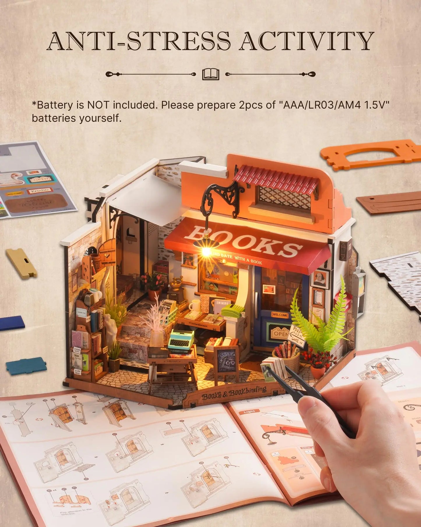 Corner Bookshop DIY Kit w/LED Lights