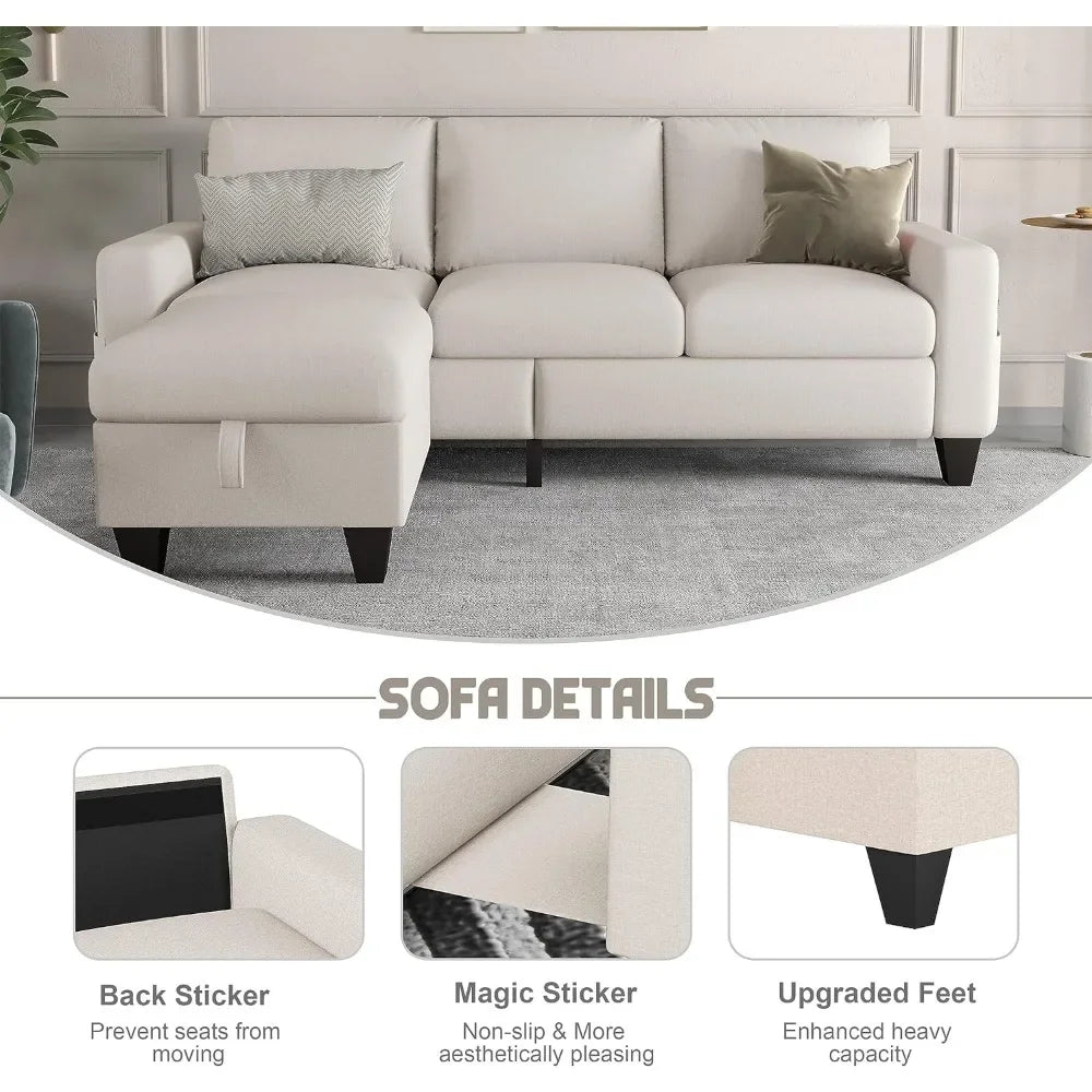 Convertible sofa, modern 3-seater with storage footstool
