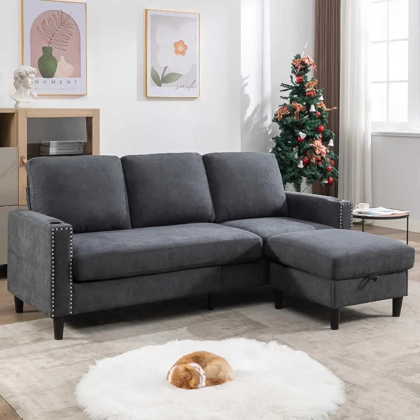 Linen Sofa 3-Seats w/Chaise & Charging Ports