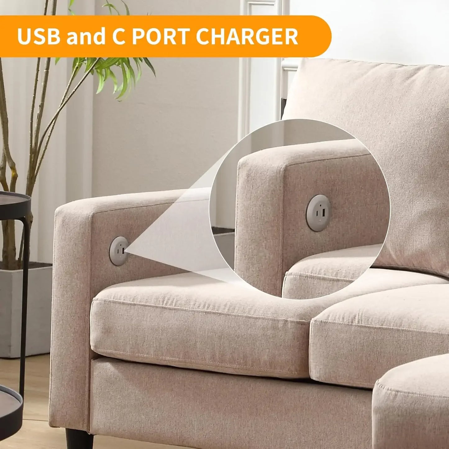 Linen Sofa 3-Seats w/Chaise & Charging Ports