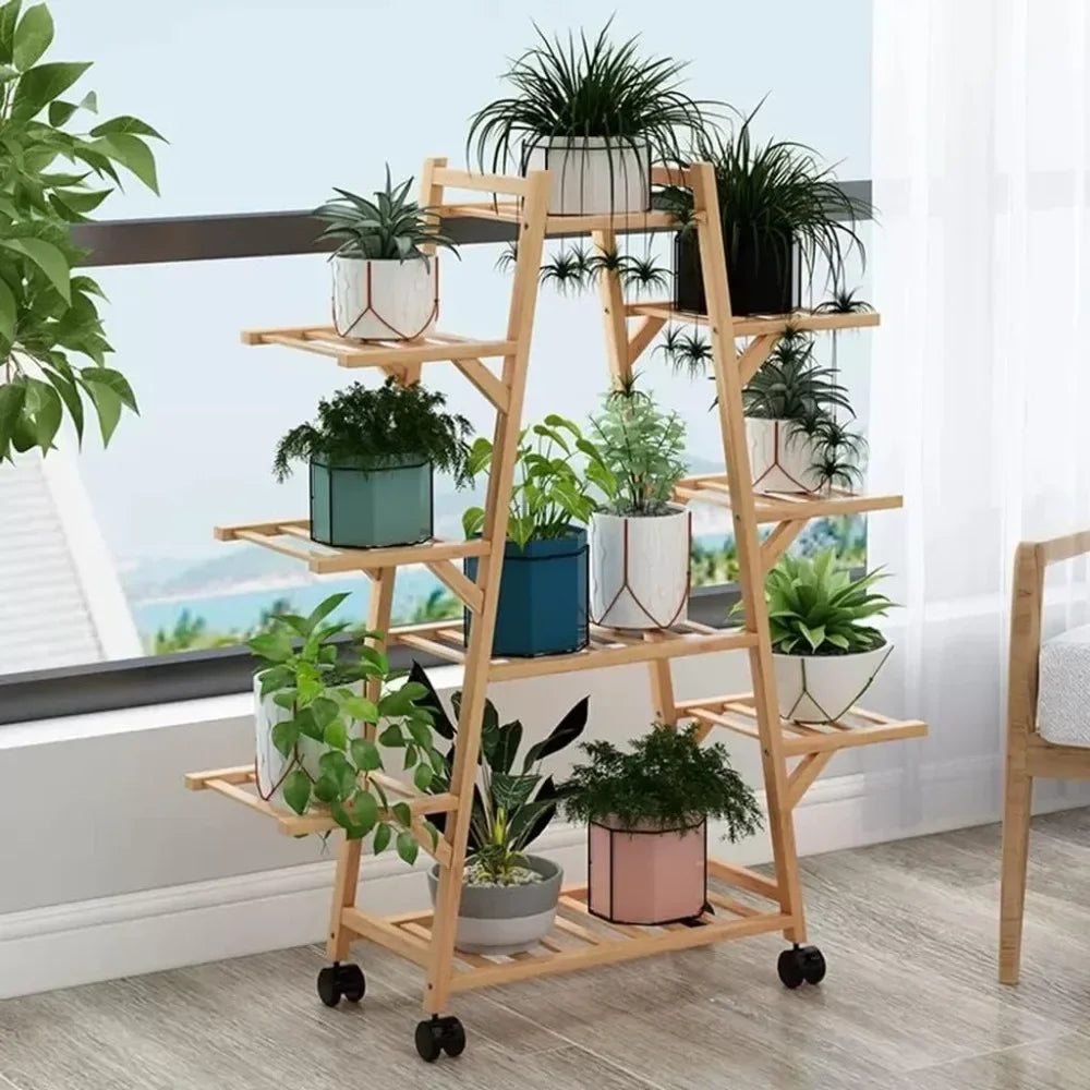 Bamboo Rolling Plant Stand 8 Tier