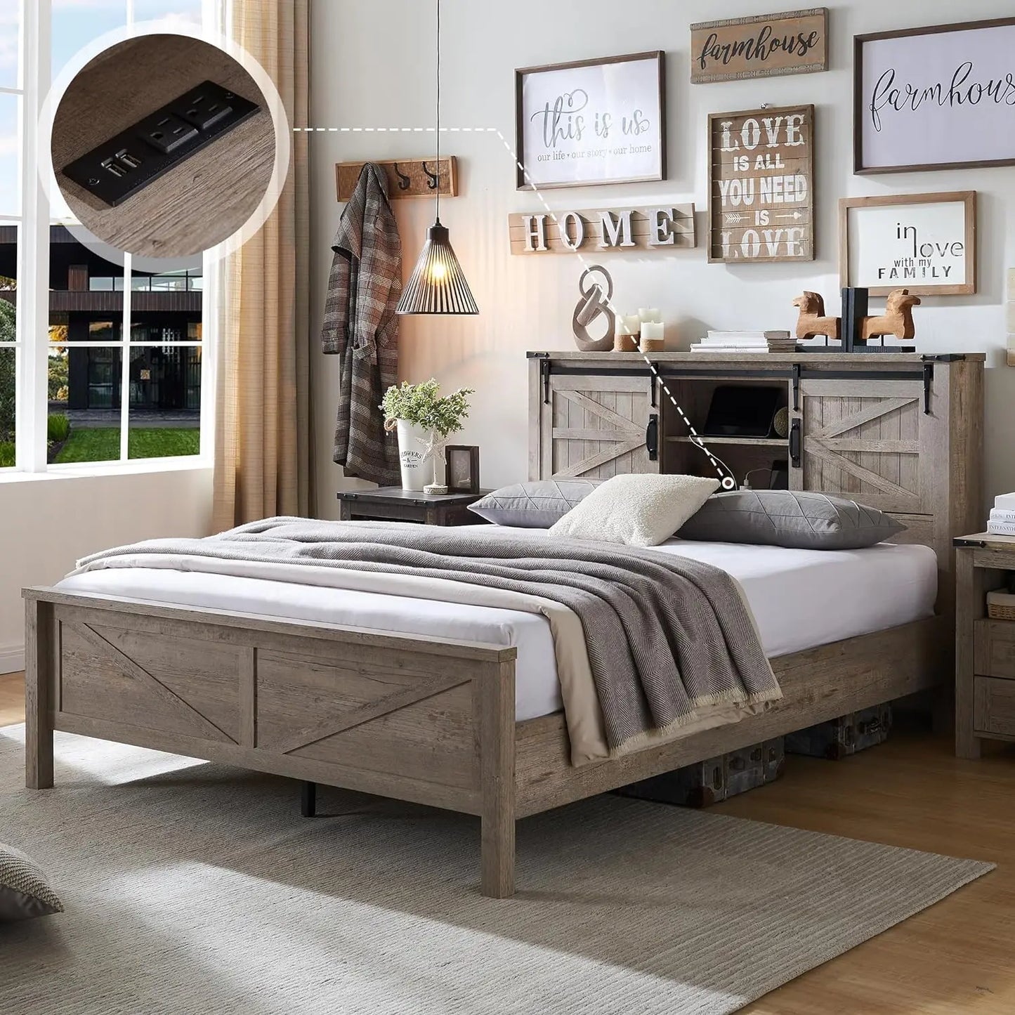 Farmhouse King Size Bed Frame w/Charging Station,