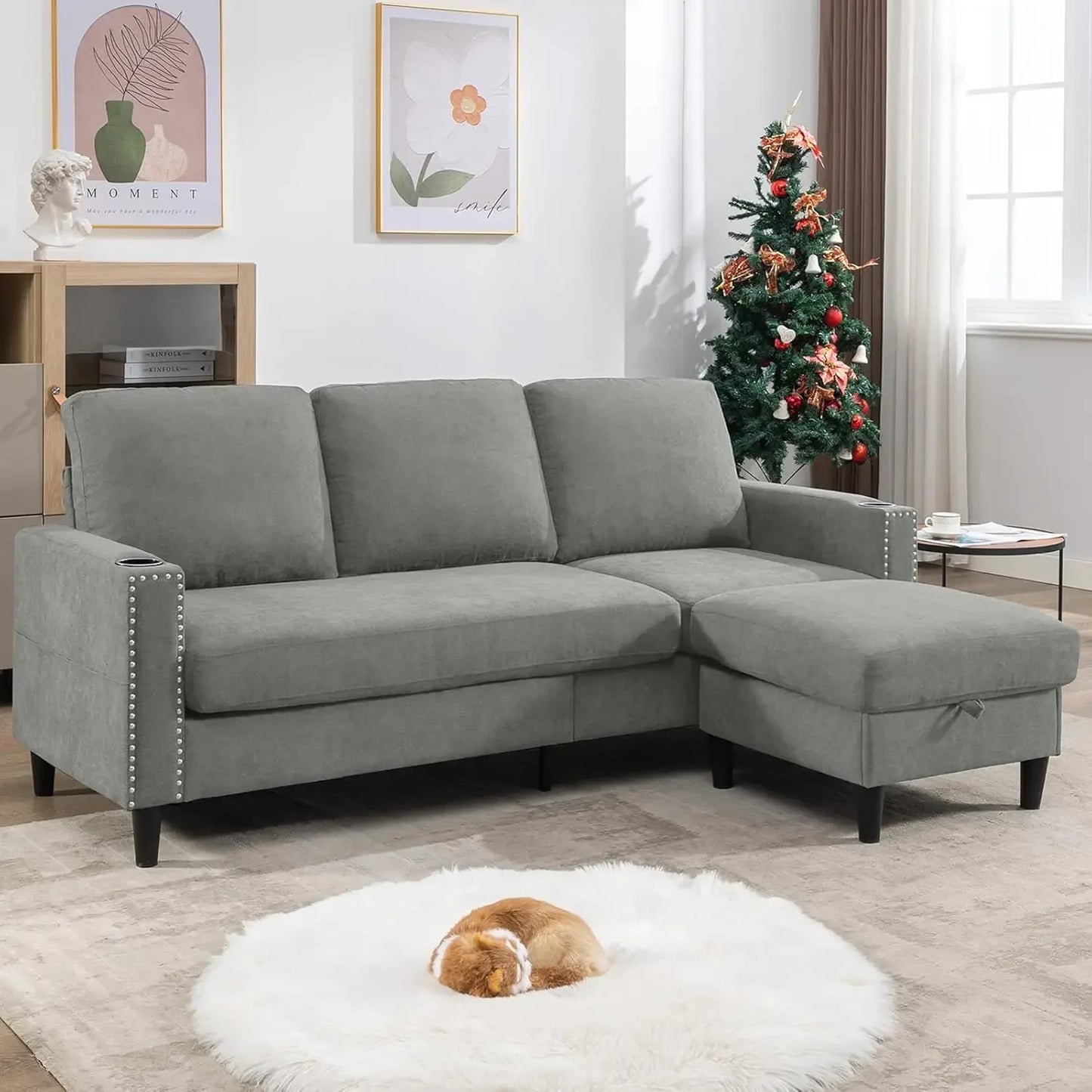 Linen Sofa 3-Seats w/Chaise & Charging Ports