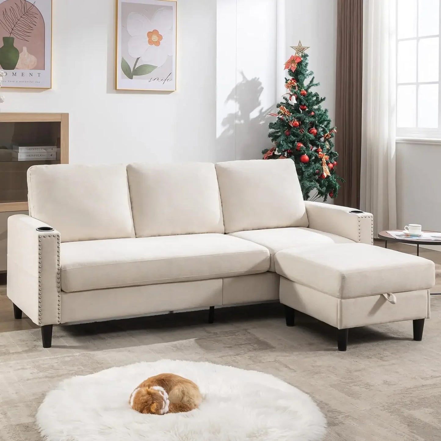 3-Seat Sofa with Storage Chaise & 2 Cup Holders