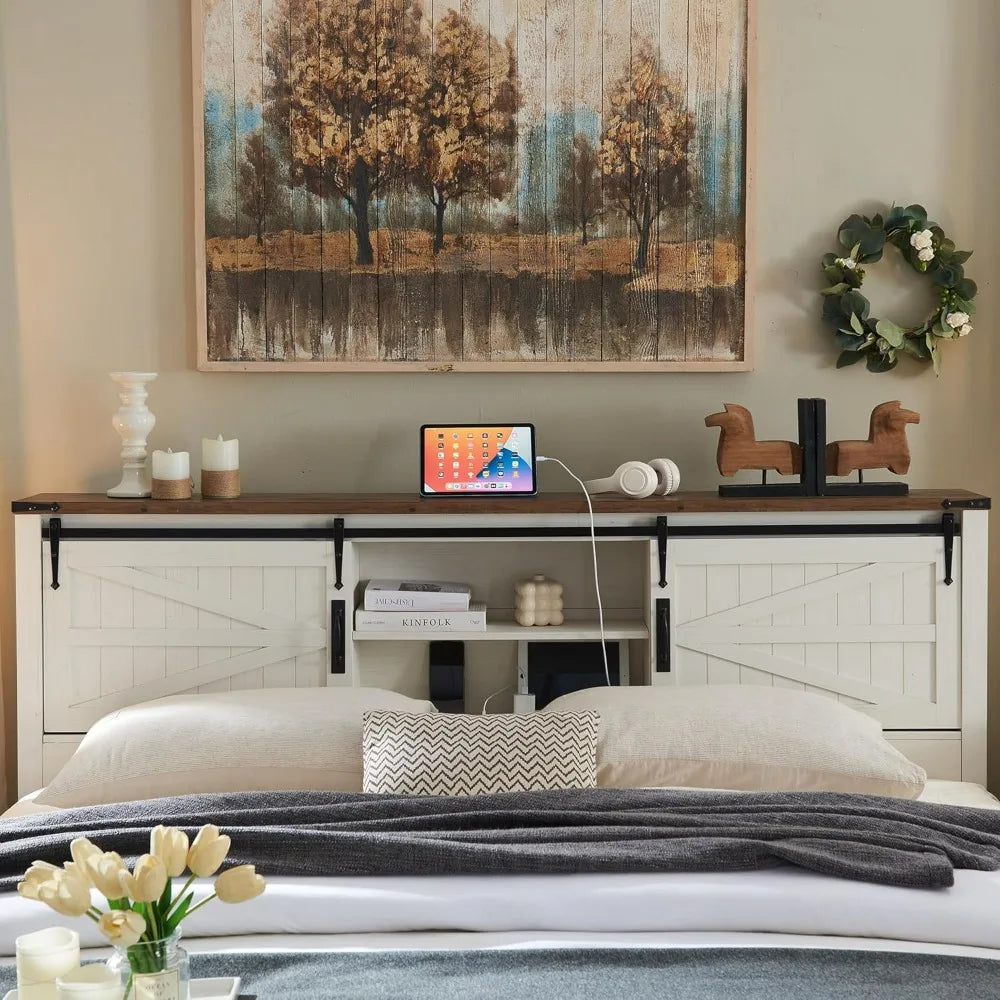 Farmhouse King Size Bed Frame w/Charging Station,