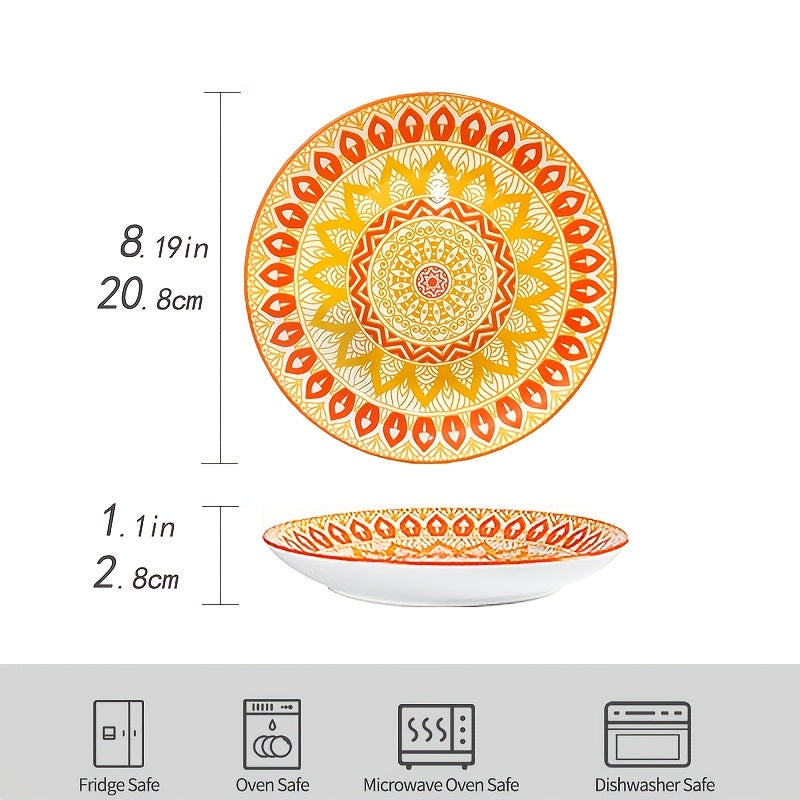 4pcs Hand Painted Ceramic Boho Style Plate - 8 Inches