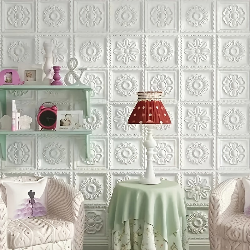 50PCS 3D Self-Adhesive White Flower Wallpaper