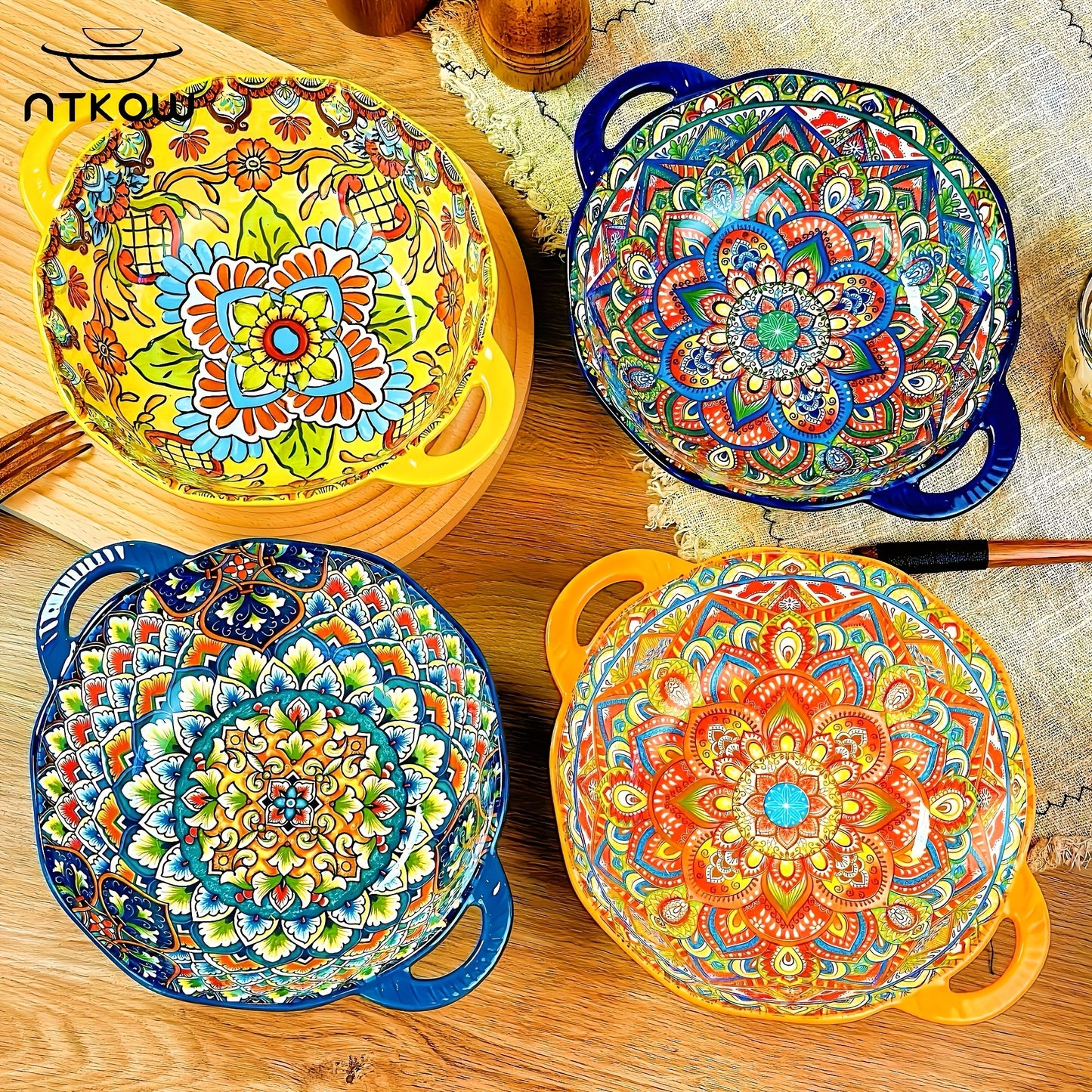Hand-painted 1pc Bohemian Style Ceramic Noodle Salad Plate