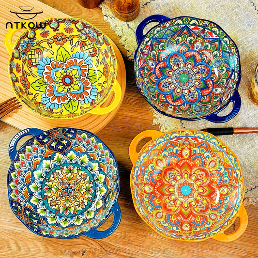 Hand-painted 1pc Bohemian Style Ceramic Noodle Salad Plate