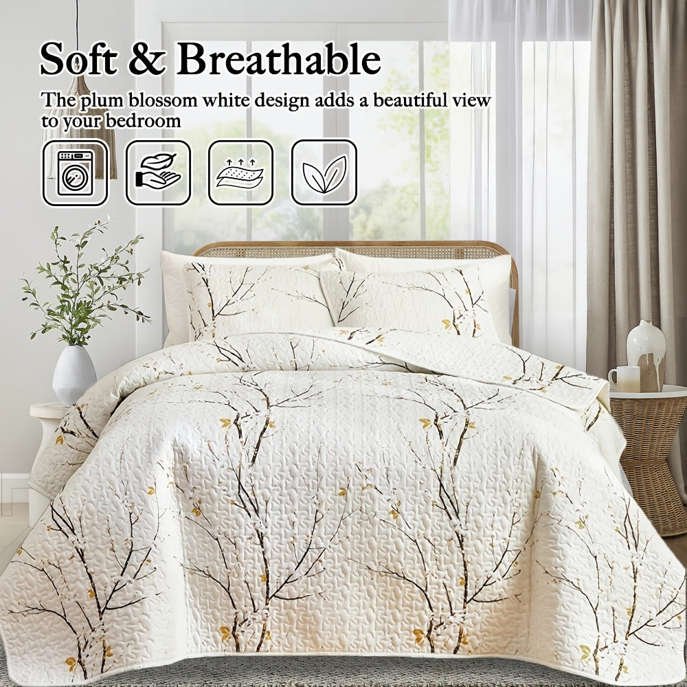 3pcs Plum Blossom White Quilt Set
