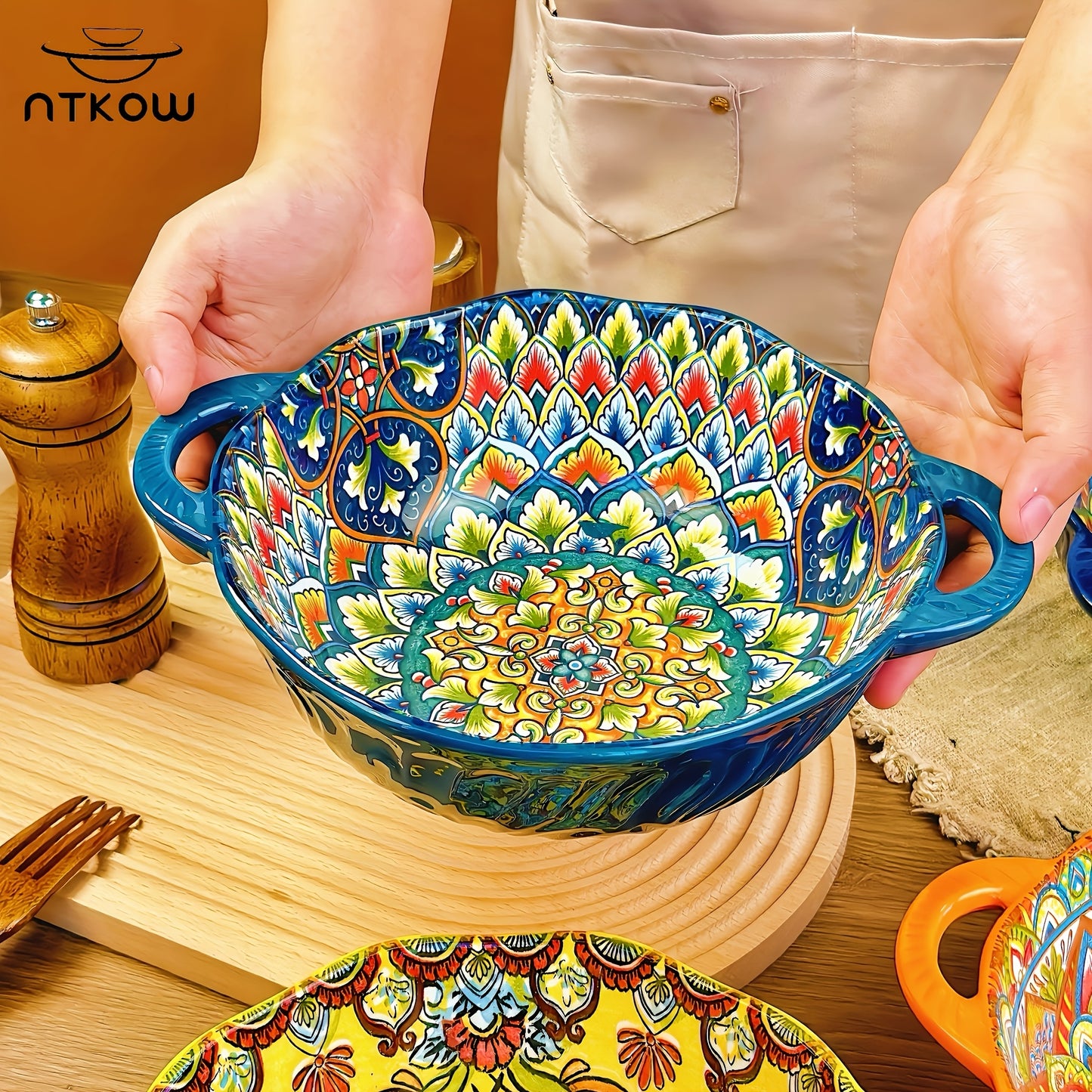 Hand-painted 1pc Bohemian Style Ceramic Noodle Salad Plate