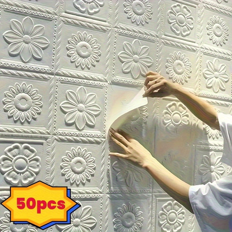 50PCS 3D Self-Adhesive White Flower Wallpaper