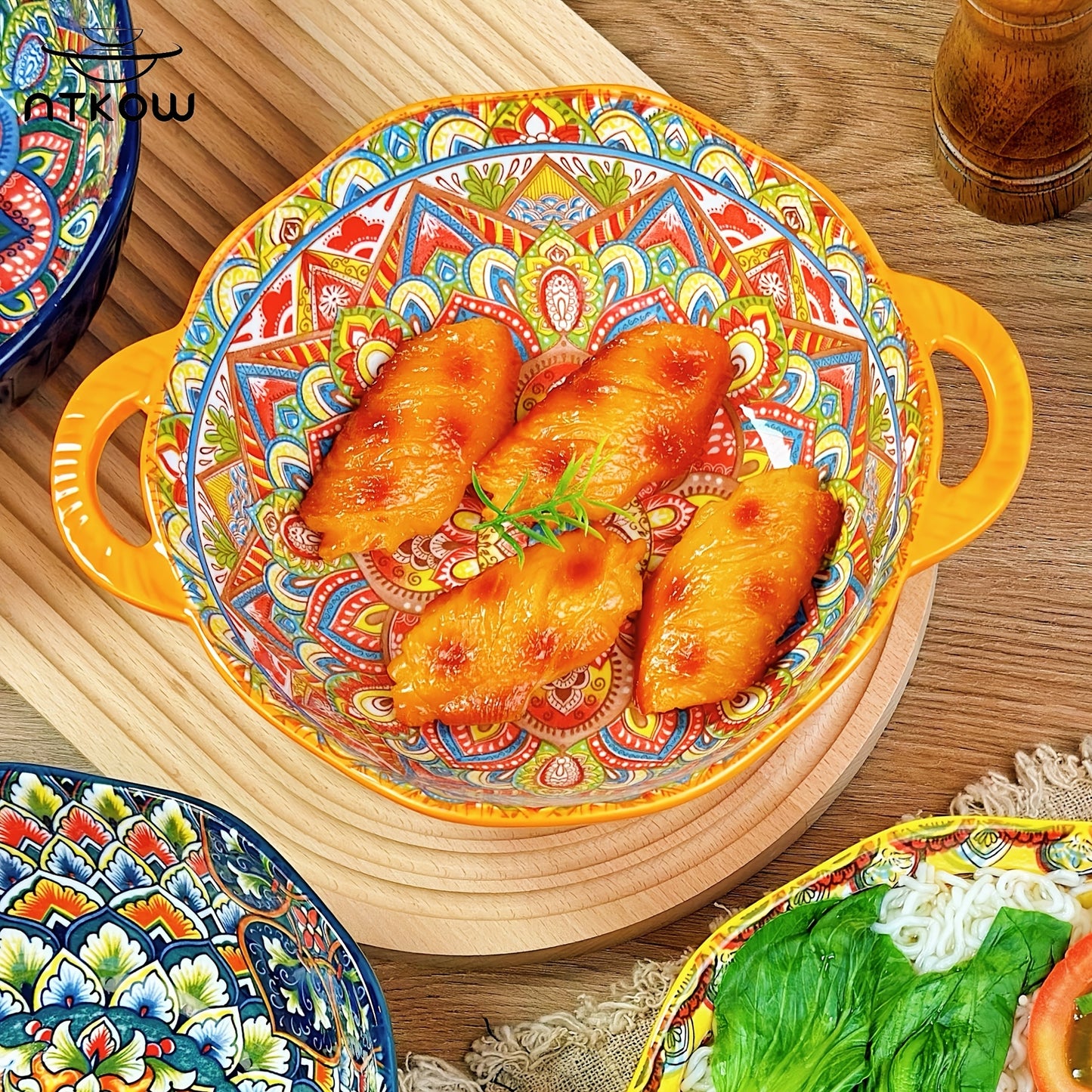 Hand-painted 1pc Bohemian Style Ceramic Noodle Salad Plate