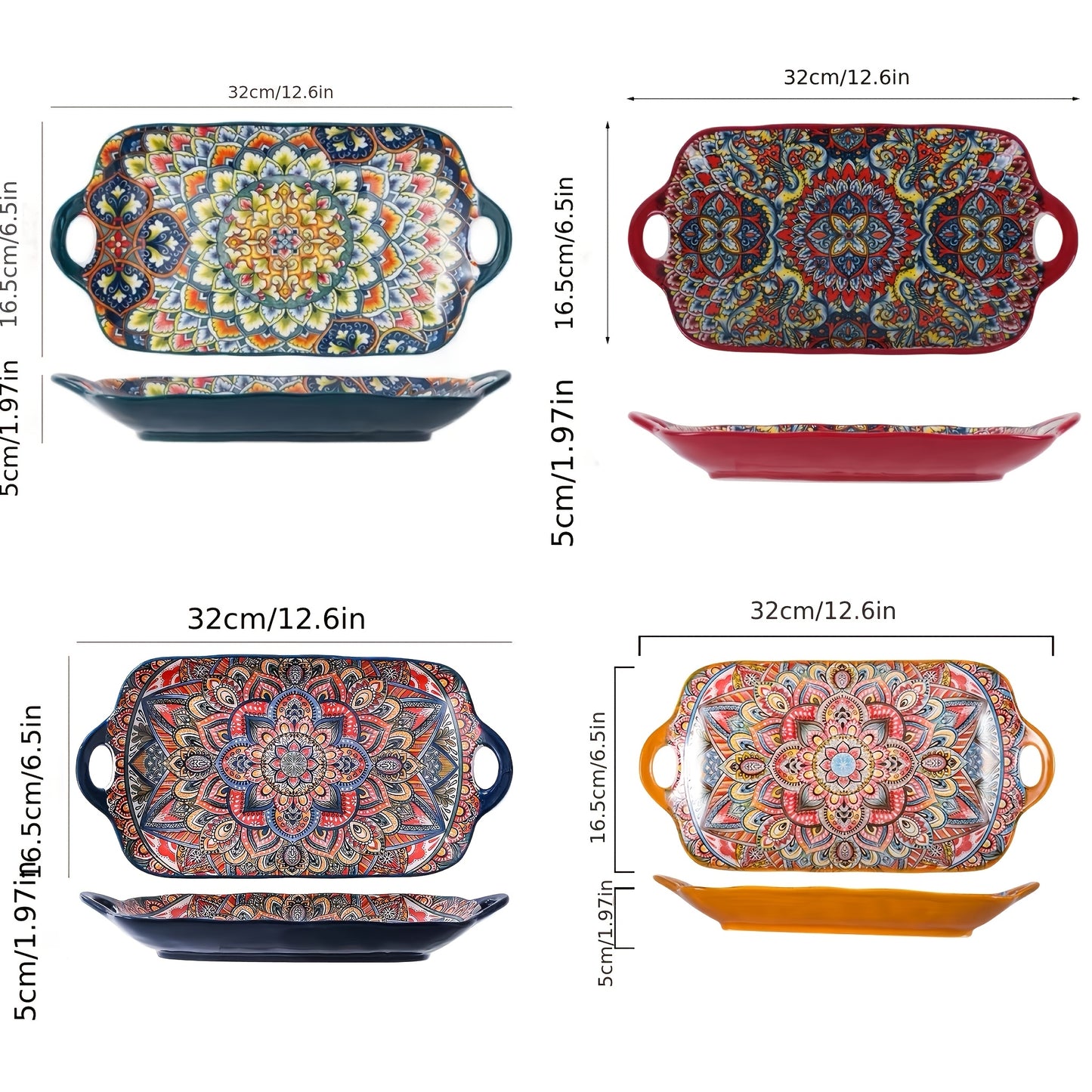 4 Large Rectangular Bohemian Ceramic Fish Plates
