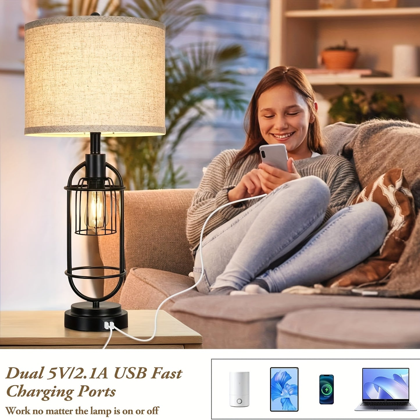 29" Tall 2-Light Bedside Lamps, Farmhouse w/charging ports