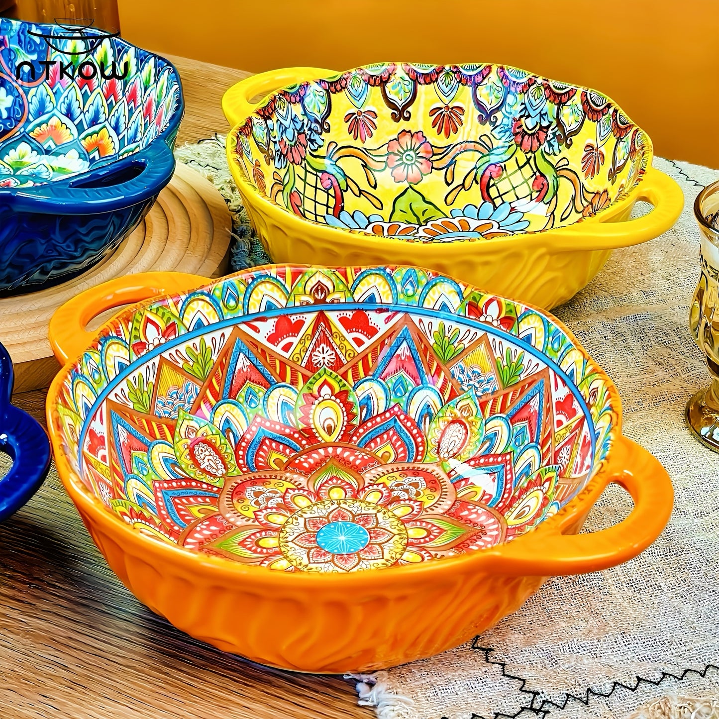 Hand-painted 1pc Bohemian Style Ceramic Noodle Salad Plate