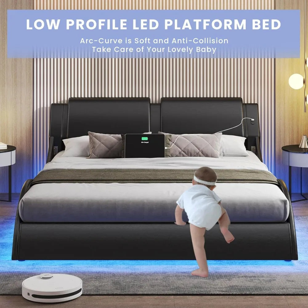 Full Bed Frame w/Led Lights, USB & Type-c Ports