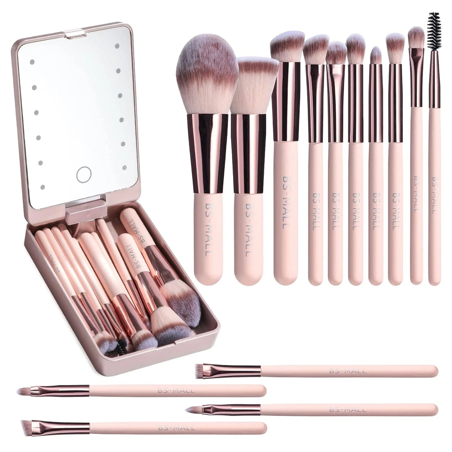 Makeup Brush Set w/LED Light Mirror