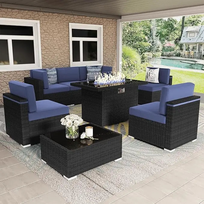 8 Pc Patio Wicker Conversation Sofa Set w/fire Pit