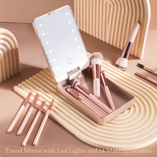 Makeup Brush Set w/LED Light Mirror