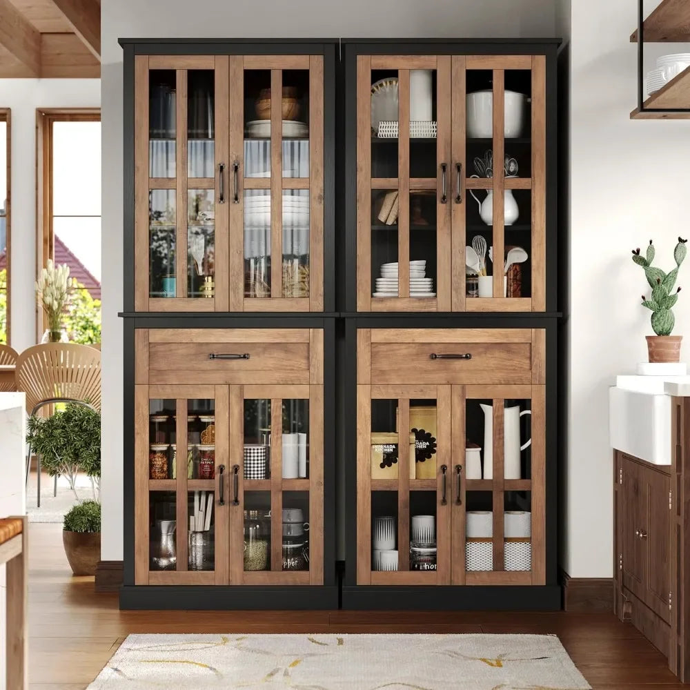 Freestanding Tall Kitchen Cabinet w/Glass Doors