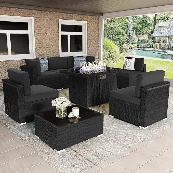 8 Pc Patio Wicker Conversation Sofa Set w/fire Pit