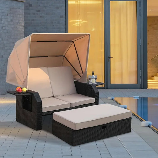 Outdoor Wicker Loveseat w/Retractable Canopy