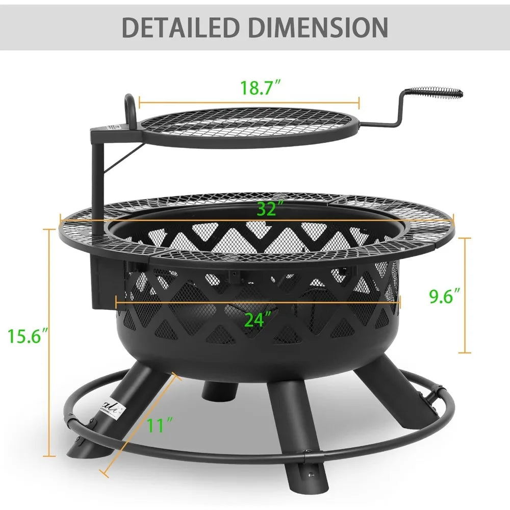 Wood Burning Fire Pit 32 w/Removable Cooking Grill, Black