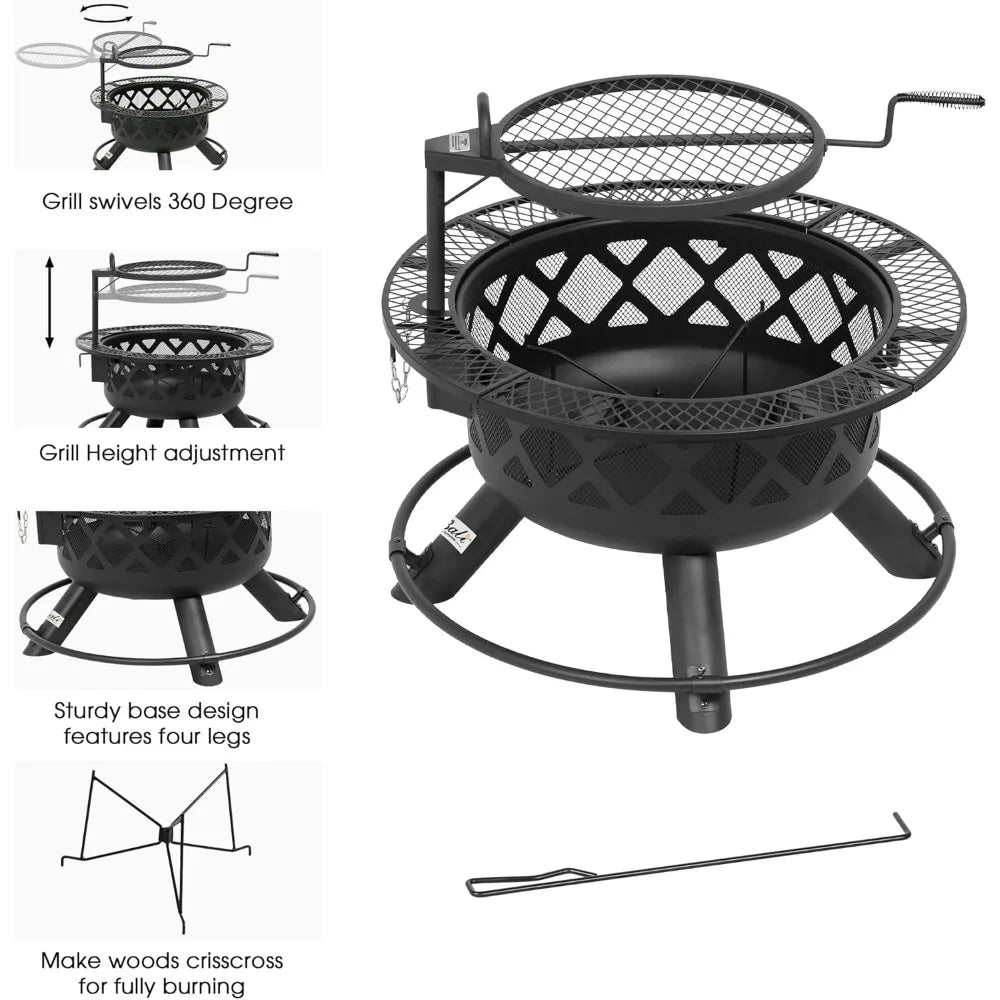 Wood Burning Fire Pit 32 w/Removable Cooking Grill, Black