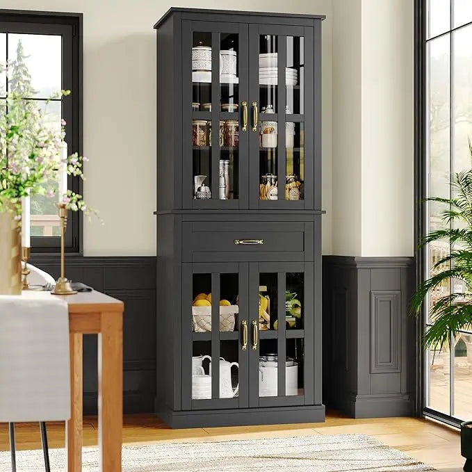 Freestanding Tall Kitchen Cabinet w/Glass Doors