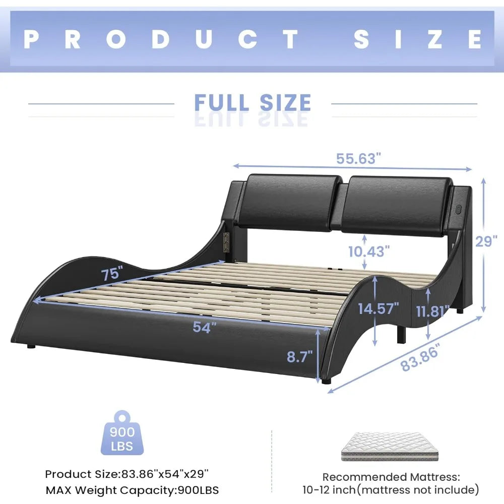 Full Bed Frame w/Led Lights, USB & Type-c Ports