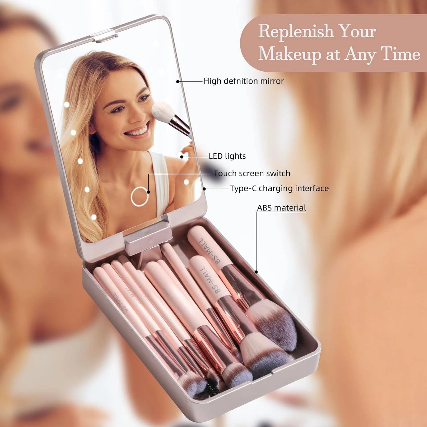 Makeup Brush Set w/LED Light Mirror