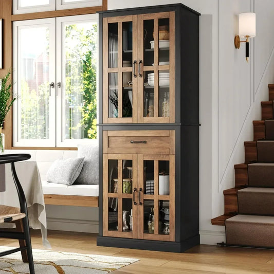 Freestanding Tall Kitchen Cabinet w/Glass Doors