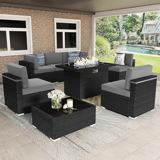 8 Pc Patio Wicker Conversation Sofa Set w/fire Pit