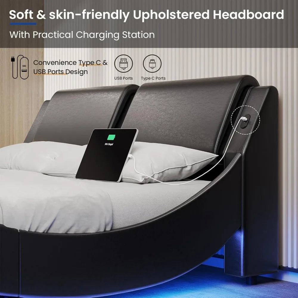 Full Bed Frame w/Led Lights, USB & Type-c Ports