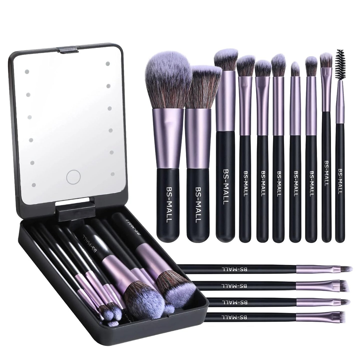 Makeup Brush Set w/LED Light Mirror