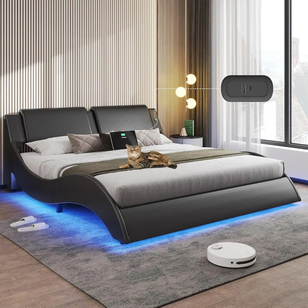 Full Bed Frame w/Led Lights, USB & Type-c Ports