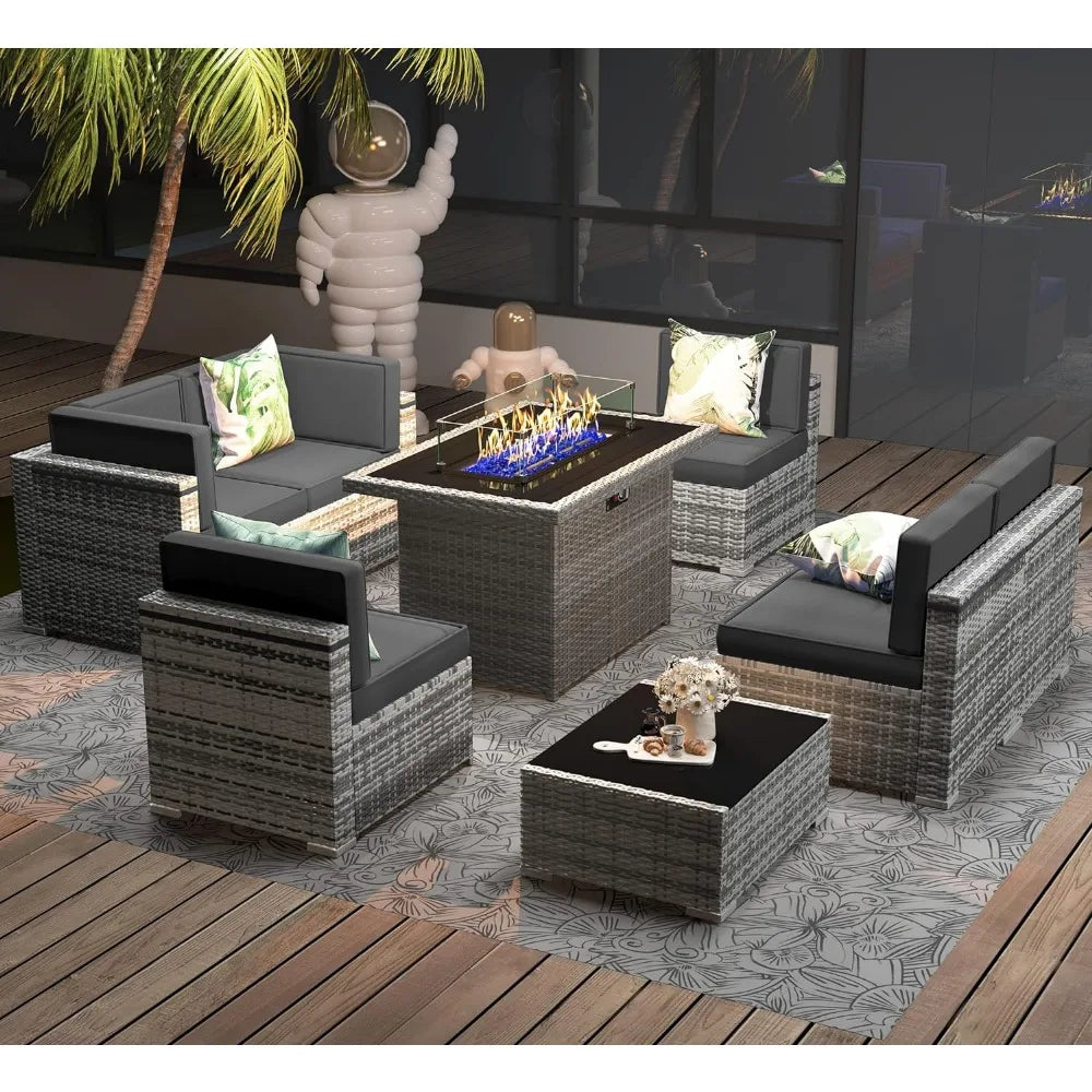 8 Pc Patio Wicker Conversation Sofa Set w/fire Pit