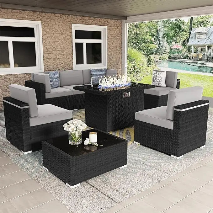 8 Pc Patio Wicker Conversation Sofa Set w/fire Pit