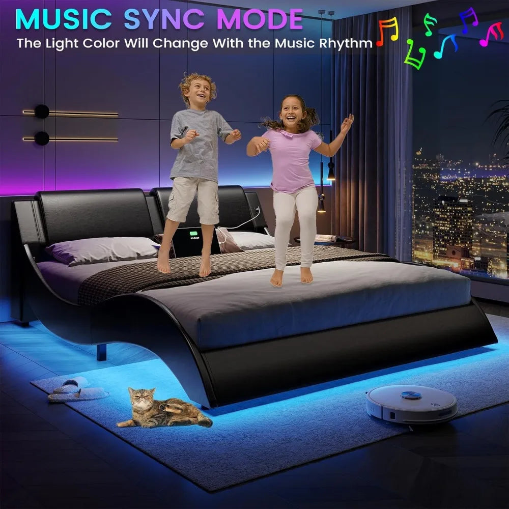 Full Bed Frame w/Led Lights, USB & Type-c Ports