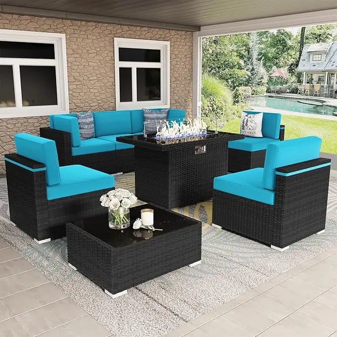 8 Pc Patio Wicker Conversation Sofa Set w/fire Pit