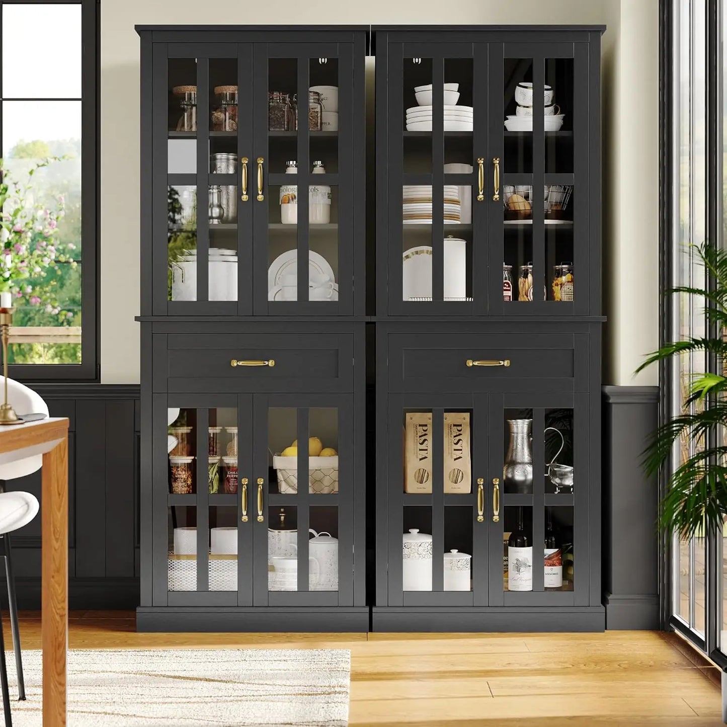 Freestanding Tall Kitchen Cabinet w/Glass Doors